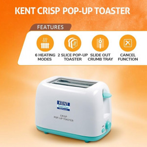 Kent 16105 Crisp Pop Up Toaster 750 Watts | 2 Slice Automatic Pop Up Electric Toaster | 6 Heating Modes | Auto Shut Off | Removable Bread Crumbs Tray