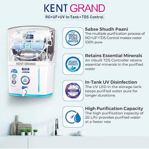 KENT Grand RO Water Purifier | 4 Years Free Service | RO + UV LED + UF + TDS Control | ISI Marked | Extra 1000 Off on Exchange | 8L Tank | 20 LPH Flow